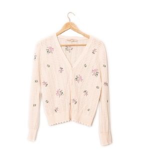 Size Medium Cream Scalloped Cardigan with Purple Floral Embroidery